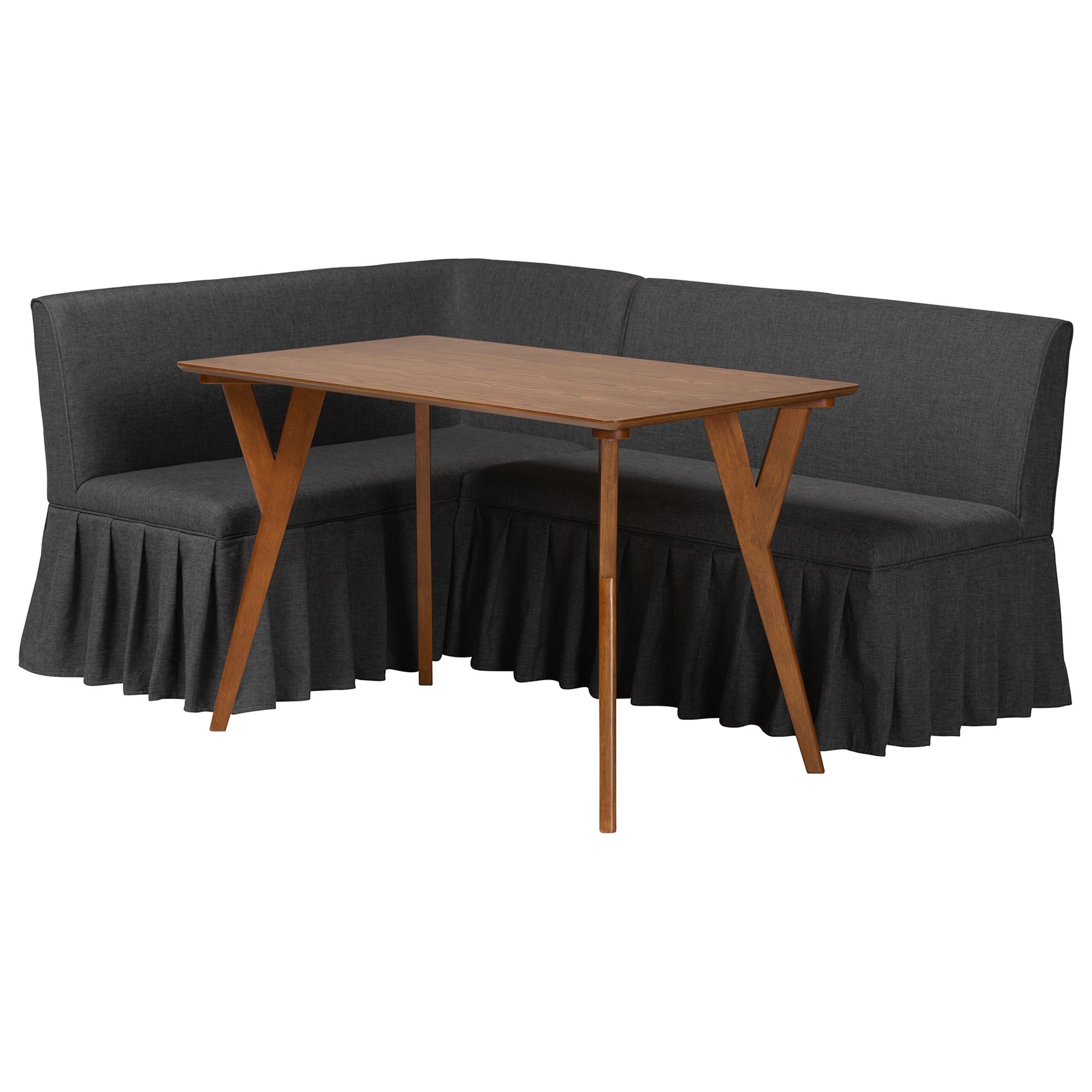 Baxton Studio Randolph 3-Piece Fabric Upholstered Dining Nook Set - Corner Kitchen Banquette with Skirted Base, L-Shaped Breakfast Nook for Small Spaces, Dark Grey